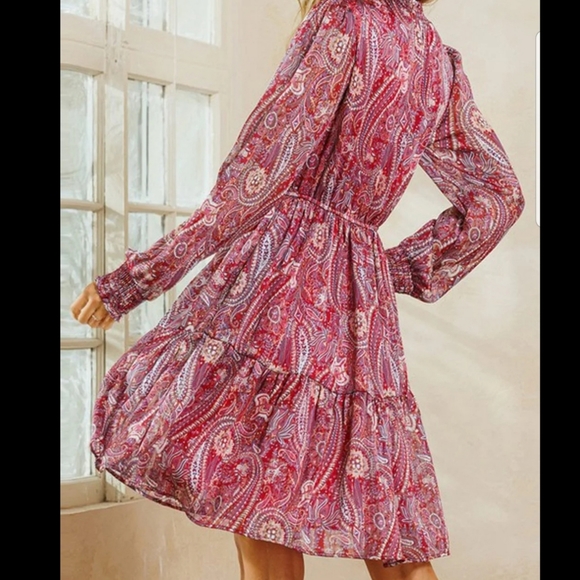 Burgundy & lilac boho paisley print mock neck long sleeve tierd ruffle dress - Picture 4 of 11